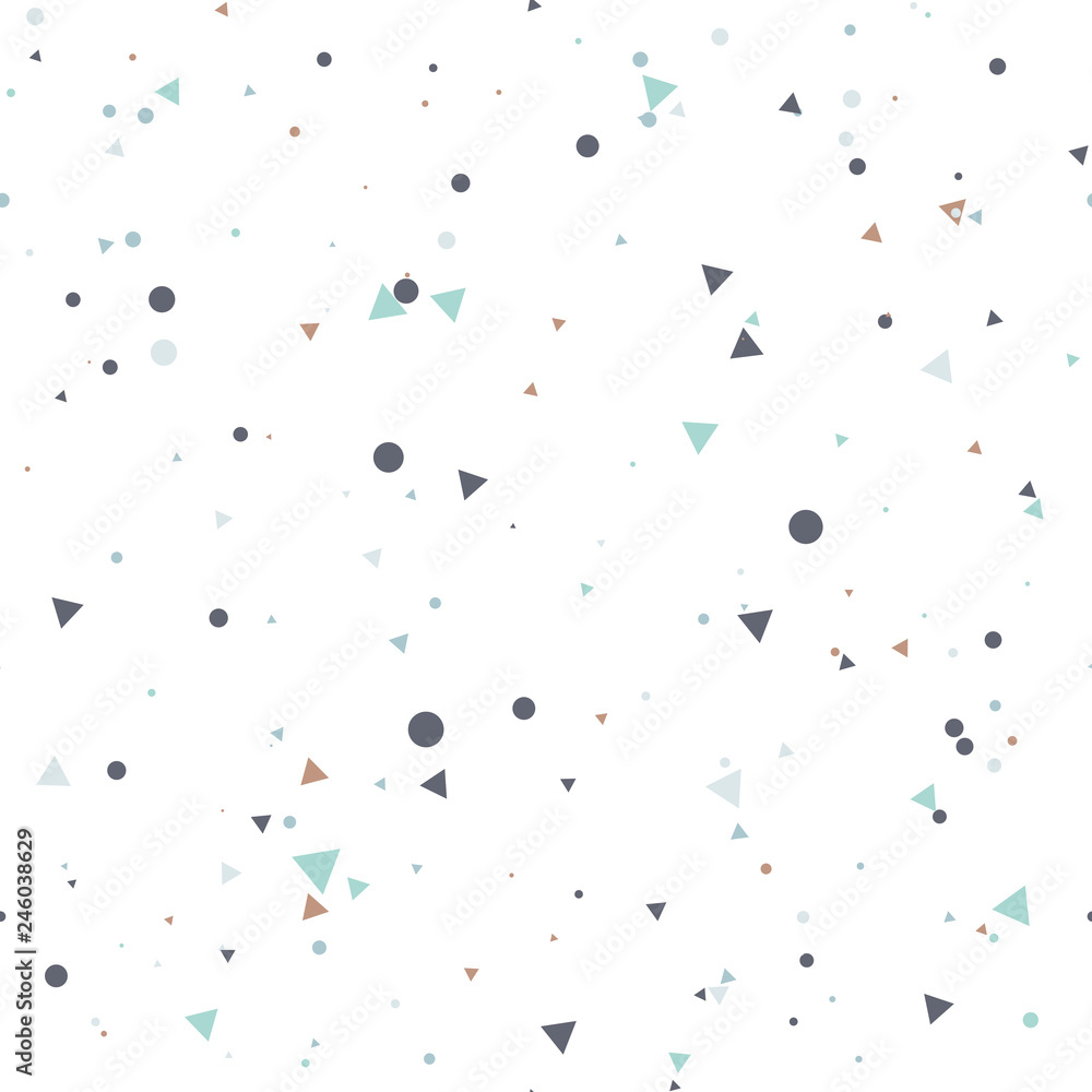 Abstract seamless pattern with colorful blue, gray, gold chaotic small circles and triangles. Infinity geometric pattern. Vector illustration. Abstract seamless pattern with colorful blue, gray, gold chaotic small circles and triangles. Infinity geometric pattern. Vector illustration.