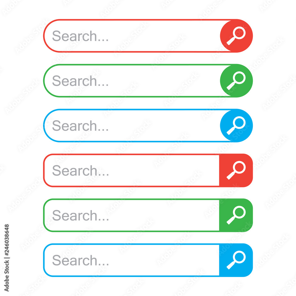 Set of search bars, template for internet searching. Web search field. Red, green and blue colors. Vector illustration Set of search bars, template for internet searching. Web search field. Red, green and blue colors. Vector illustration