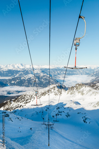 A view of Blackcomb glacier, the T-bar, the valley, and the mountains below. © Adam
