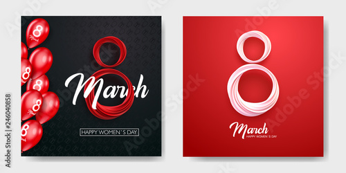 Banner for the International Womens Day with red baloons. Sale banner, discount card. March 8 on the dark, black and red background. Vector illustration