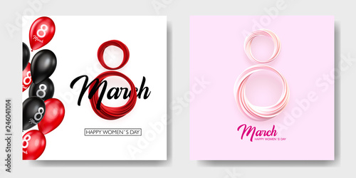 Banner for the International Womens Day with red and black baloons. Sale banner, discount card. March 8 on the white and pink background. Vector illustration
