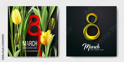 Banner for the International Womens Day. Sale banner, discount card. Yellow tulips and yellow, green March 8 on the dark, black background. Vector illustration