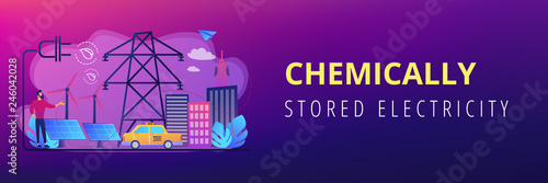 Businessman in green city and electric car using alternative fuel. Alternative fuels, chemically stored electricity, non-fossil sources concept. Header or footer banner template with copy space.