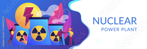 Engineers working at nuclear power plant reactors releasing energy. Nuclear energy, nuclear power plant, sustainable energy source concept. Header or footer banner template with copy space.