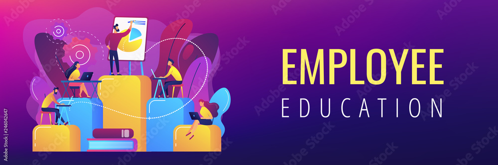 Employees with laptops learning at professional trainig. Internal education, employee education, professional development program concept. Header or footer banner template with copy space. - obrazy, fototapety, plakaty 