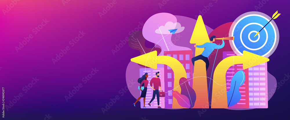 Business people and empolyee choosing new career direction arrow with target. Career change, alternative career, retraining for a new job concept. Header or footer banner template with copy space.