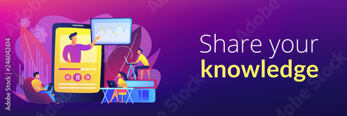 Students watching online training video with teacher and chart on tablet. Online teaching, share your knowledge, english teacher online concept. Header or footer banner template with copy space.