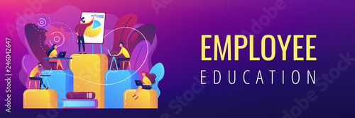 Employees with laptops learning at professional trainig. Internal education, employee education, professional development program concept. Header or footer banner template with copy space.