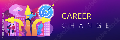 Business people and empolyee choosing new career direction arrow with target. Career change, alternative career, retraining for a new job concept. Header or footer banner template with copy space.