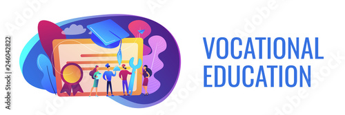 Vocational specialists graduating and diploma with graduation cap. Vocational education, professional learning, online vocational education concept. Header or footer banner template with copy space.