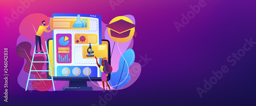 Educational courses management software on computer screen. Learning management system, educational technology, online learning delivery concept. Header or footer banner template with copy space.