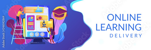 Educational courses management software on computer screen. Learning management system, educational technology, online learning delivery concept. Header or footer banner template with copy space.