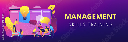 Managers at workshop training manager skills and brainstorming at board. Managers workshop, supervisors course, management skills training concept. Header or footer banner template with copy space.