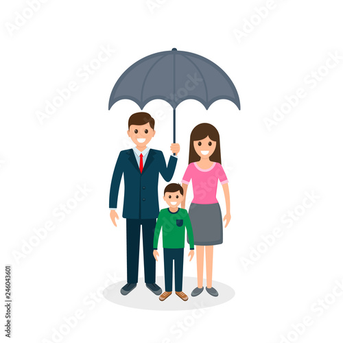 Family under umbrella, vector isolated flat illustration insurance concept