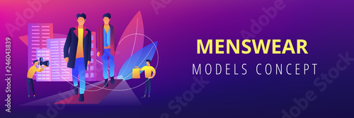 Catwalk male models display clothes on runway fashion show and event for media. Men's fashion, men's style clothing, menswear models concept. Header or footer banner template with copy space.