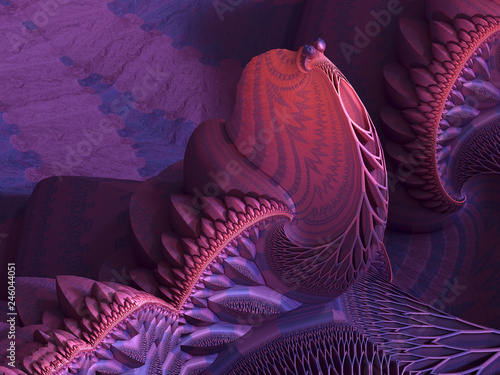 Fractal Alien Snail Organic Geometric Sculpture - Pink and Purple colors  recursive shapes  seashell appearance. 3D Illustration - repeating patterns  abstract artwork  exotic vivid colors and shapes.