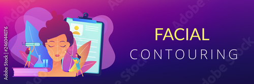 Surgeons with syringe doing facial contouring surgery to woman. Facial contouring, medical face sculpting, facial correction surgery concept. Header or footer banner template with copy space.