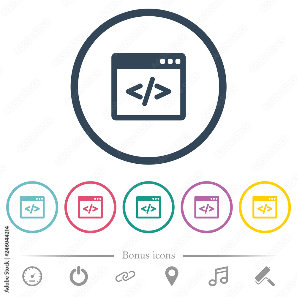 Programming code in software window flat color icons in round outlines Programming code in software window flat color icons in round outlines