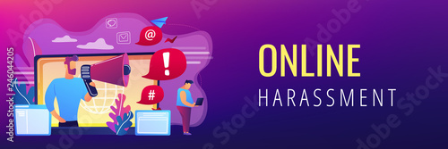 Target individual with laptop attacked online by user with megaphone. Internet shaming, online harassment, cyber crime action concept. Header or footer banner template with copy space.