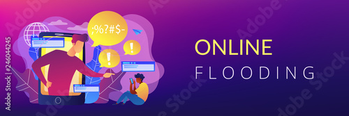 Bully in smartphone harassing, threatening and intimidating upset victim online. Cyberbullying, online flooding, social network harassment concept. Header or footer banner template with copy space.