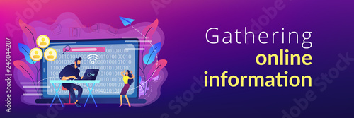 Hacker gathering target individuals sensitive data and making it public. Doxing, gathering online information, hacking exploit result concept. Header or footer banner template with copy space.