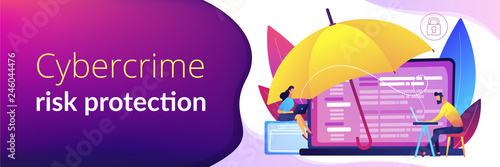 Business people work with laptops protected from internet-based risks. Cyber insurance, cyber-insurance market, cybercrime risk protection concept. Header or footer banner template with copy space.