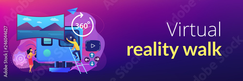 Business people on virtual reality tour 360 watching beautiful landscape and a camera. Virtual tour, 3d reality tours, virtual reality walk concept. Header or footer banner template with copy space.