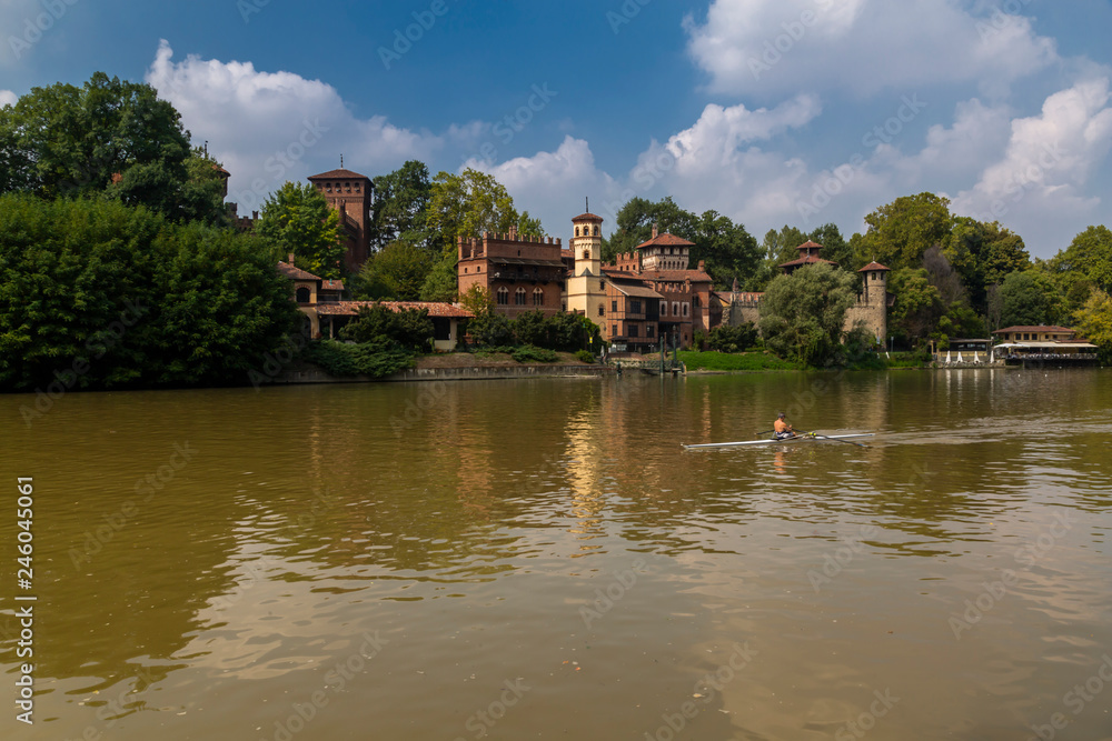View of Borgo Medievale, Medievel Village and Po River, Turin, Piedmont View of Borgo Medievale, Medievel Village and Po River, Turin, Piedmont