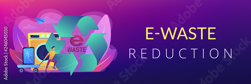 Businessman taking old smartphone in cart to electronic waste recycling. E-waste reduction, electronics trade-in programs, gadgets recycling concept.Header or footer banner template with copy space.