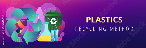 Businesswoman recycling plastic detergent bottle to produce chemicals. Chemical recycling, plastics recycling method, polymeric wastes reuse concept. Header or footer banner template with copy space.