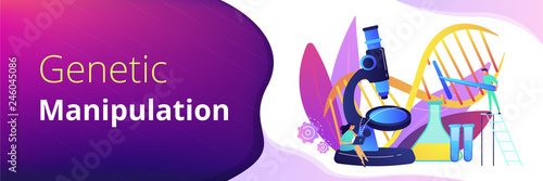 Microscope and scientists changing DNA structure. Genetic engineering, genetic modification and genetic manipulation concept on white background. Header or footer banner template with copy space.