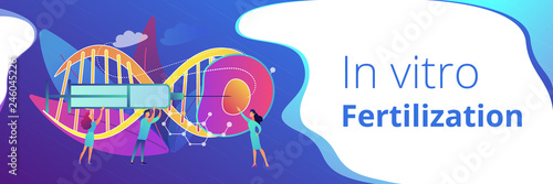 Scientists fertilize huge cell with syringe. Artificial reproduction, in vitro fertilization, artificial propagation concept on white background. Header or footer banner template with copy space.