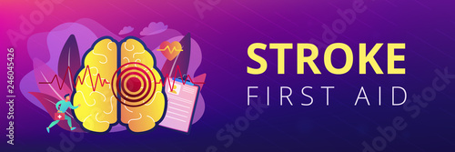 Huge brain with red circles pain epicenter and doctor running. Stroke and headache, oxygen-deprived brain and first aid concept on white background. Header or footer banner template with copy space.