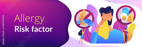 Man having food allergy symptoms to products like fish, milk and eggs. Food allergy, food alergen ingredient, allergy risk factor concept. Header or footer banner template with copy space.