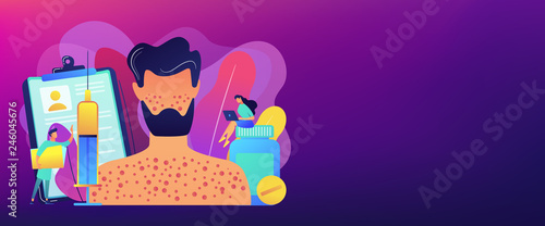 Doctors and male patient with rush on skin allergic to pills and a syringe. Drug allergy, triggers of drug allergies, allergy risk factors concept. Header or footer banner template with copy space.