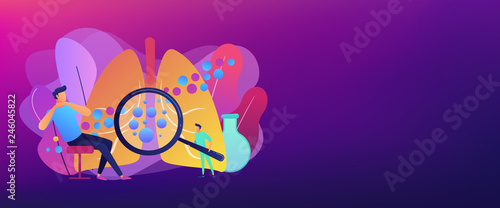 Male patient with anaphylactic symptoms and doctor with magnifier. Anaphylaxis, anaphylaxis shock treatment, allergic reaction help concept. Header or footer banner template with copy space.