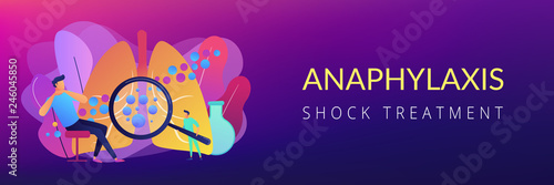 Male patient with anaphylactic symptoms and doctor with magnifier. Anaphylaxis, anaphylaxis shock treatment, allergic reaction help concept. Header or footer banner template with copy space.