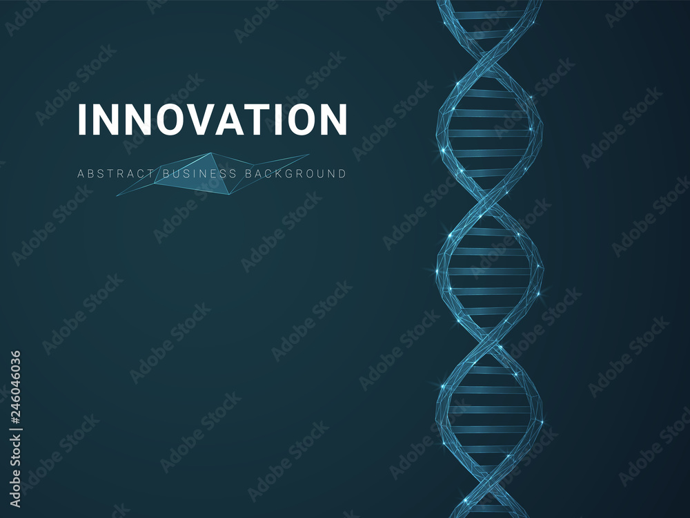 Abstract modern business background depicting innovation with stars and lines in shape of a DNA double helix on blue background. - obrazy, fototapety, plakaty 