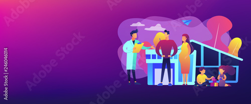 Family phisician with husband, pregnant wife and playing children. Family doctor, medical family practice, primary healthcare care concept. Header or footer banner template with copy space.
