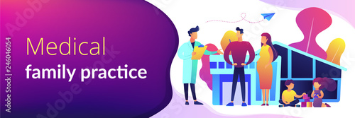 Family phisician with husband, pregnant wife and playing children. Family doctor, medical family practice, primary healthcare care concept. Header or footer banner template with copy space.
