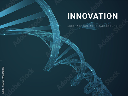 Abstract modern business background depicting innovation with stars and lines in shape of a DNA double helix on blue background.