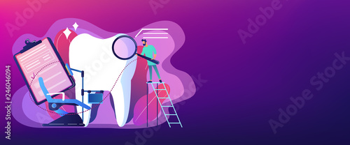 Dentist with magnifier on ladder examining huge patient tooth and dental chair. Private dentistry, dental service, private dental clinic concept. Header or footer banner template with copy space.
