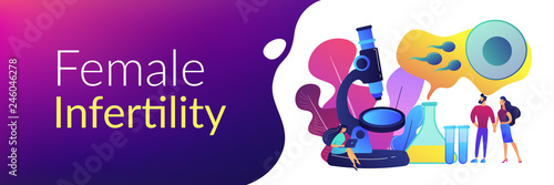 Scientist on microscope working on infertility treatment for couple. Infertility, female infertility causes, sterility medical treatment concept. Header or footer banner template with copy space.