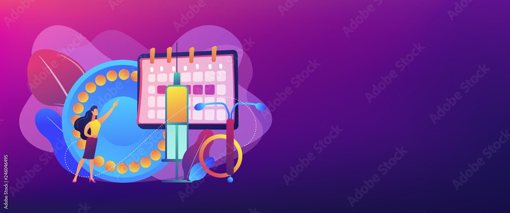 Obraz premium Woman poining at oral contraceptives, iud and bc injection. Female contraceptives, oral hormonal contraception, birth fertility control concept. Header or footer banner template with copy space.