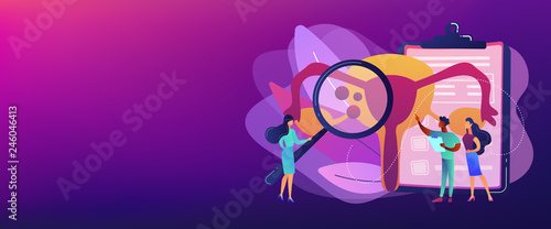 Doctors examine uterus with magnifier to treat endometriosis. Endometriosis, endometrium dysfunctionality, endometriosis treatment concept. Header or footer banner template with copy space.