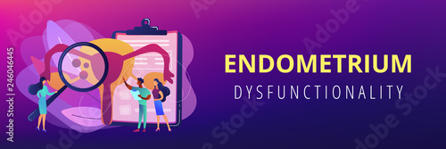 Doctors examine uterus with magnifier to treat endometriosis. Endometriosis, endometrium dysfunctionality, endometriosis treatment concept. Header or footer banner template with copy space.