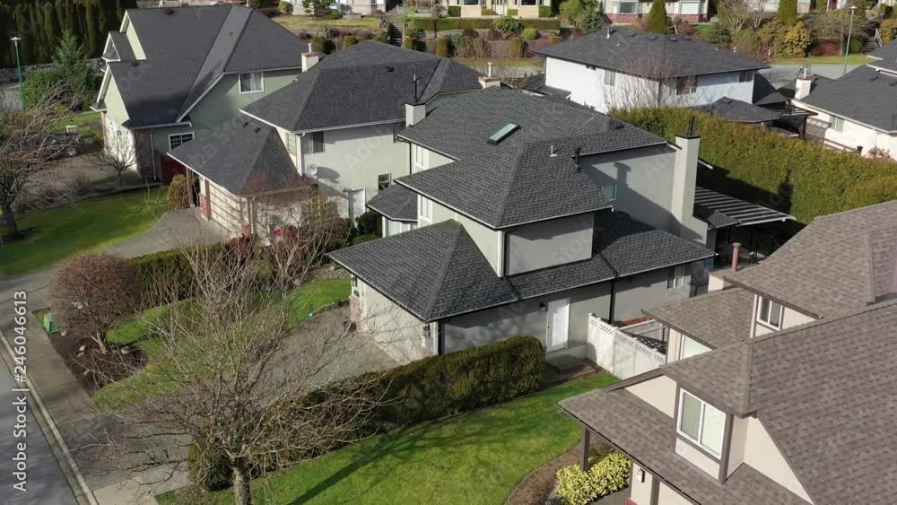 A perfect neighbourhood. Houses in suburb at Summer in the north America. Luxury houses with nice landscape. Aerial drone view. 4K. A perfect neighbourhood. Houses in suburb at Summer in the north America. Luxury houses with nice landscape. Aerial drone view. 4K.