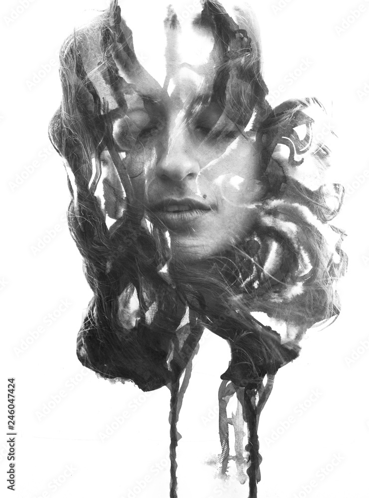 Paintography. Double Exposure portrait of a sexy woman's portrait combined with hand drawn ink painting created using unique technique. black and white Paintography. Double Exposure portrait of a sexy woman's portrait combined with hand drawn ink painting created using unique technique. black and white