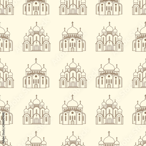 Line orthodox church buildings seamless pattern. Illustration of church seamless pattern