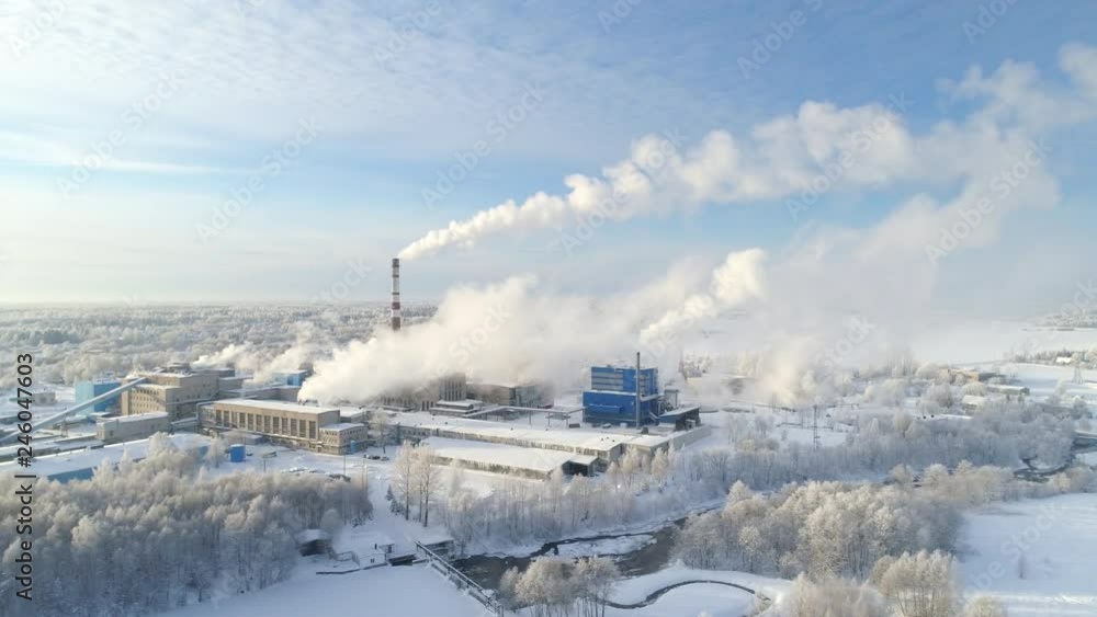 Smoke rising from cellulose factory aerial view Smoke rising from cellulose factory aerial view